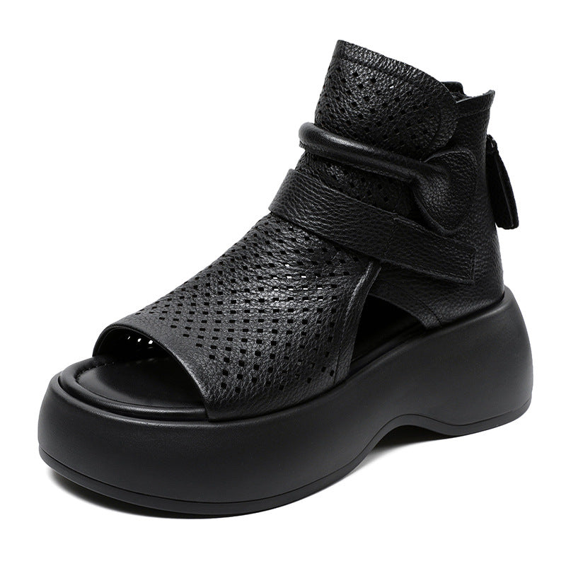 Women Hollow Soft Leather Peep Toe Chunky Platform Boots-RAIIFY