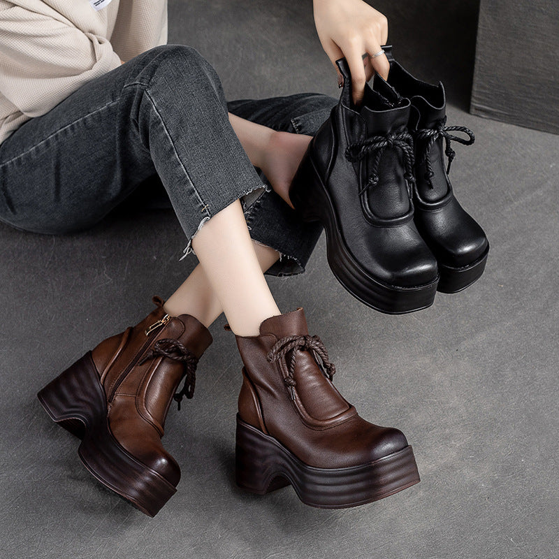 Women Autumn Retro Leather Chunky Platform Boots-RAIIFY