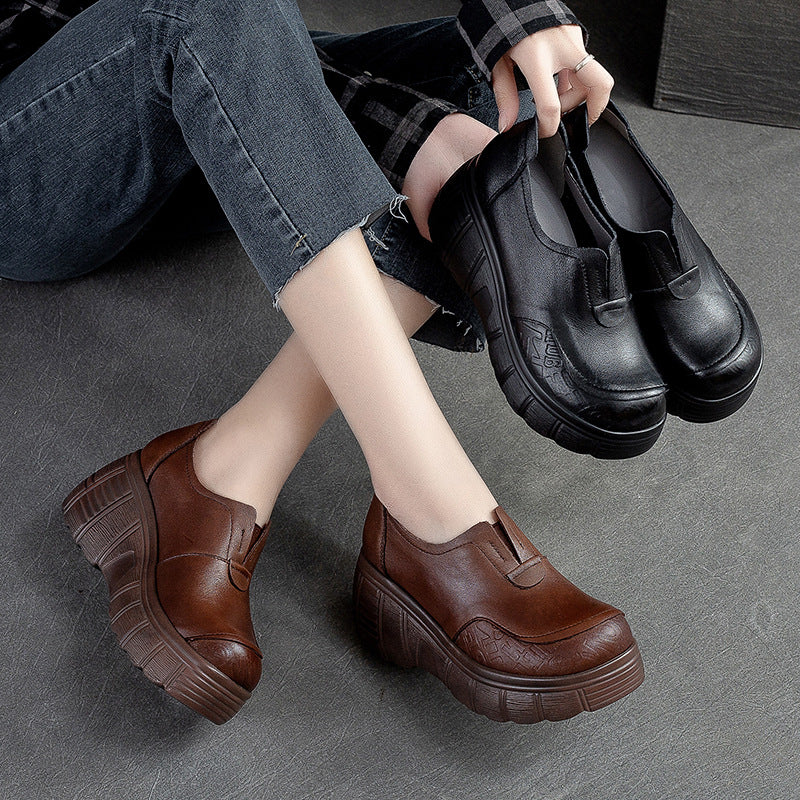 Women Retro Minimalist Leather Wedge Casual Shoes-RAIIFY