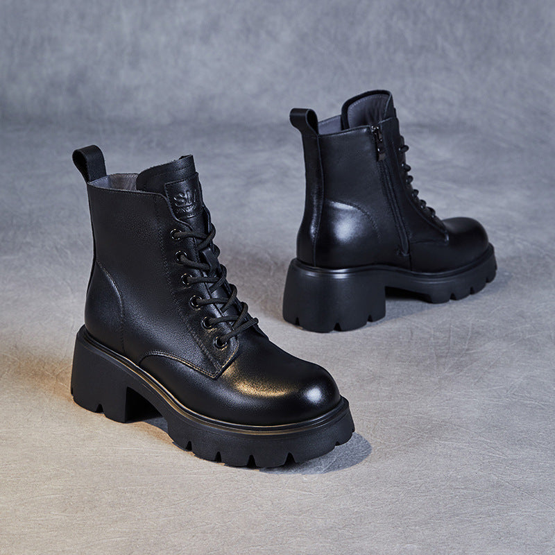 Women Minimalist Leather Furred Chunky Platform Boots-RAIIFY
