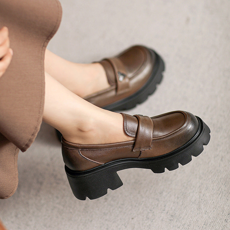 Women Minimalist Leather Chunky Sole Casual Loafers-RAIIFY