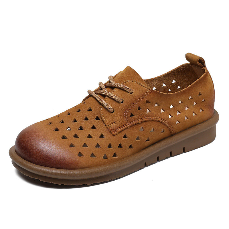 Women Summer Hollow Leather Breathable Flat Casual Shoes-RAIIFY