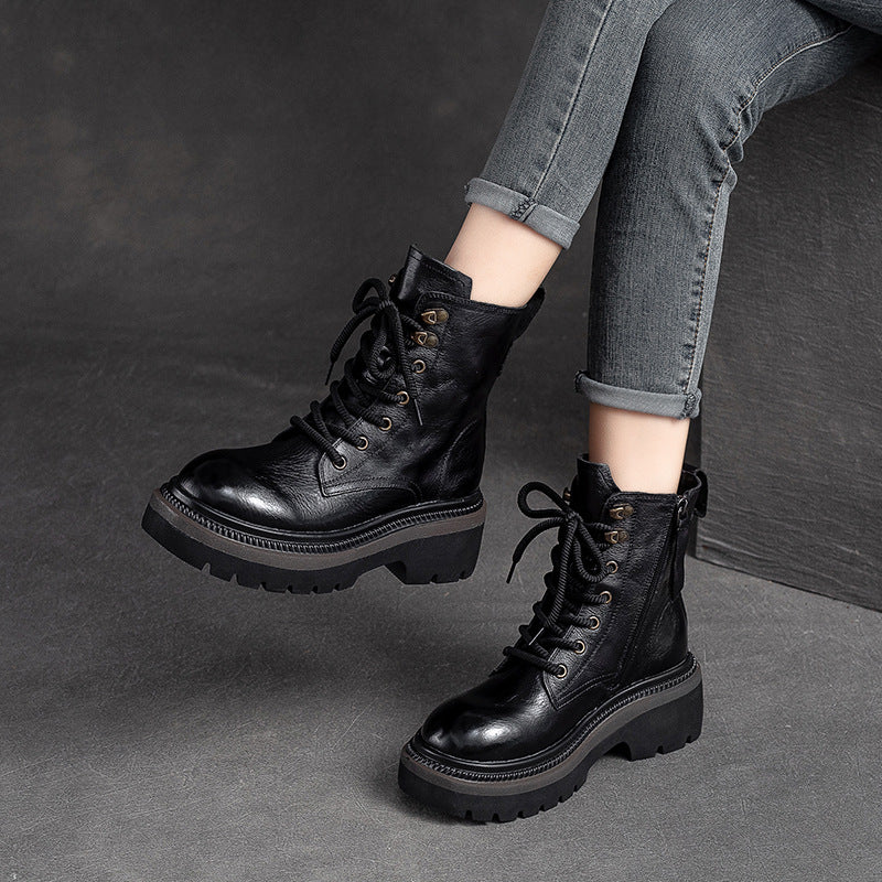 Women Classic Leather Thick Soled Combat Boots-RAIIFY