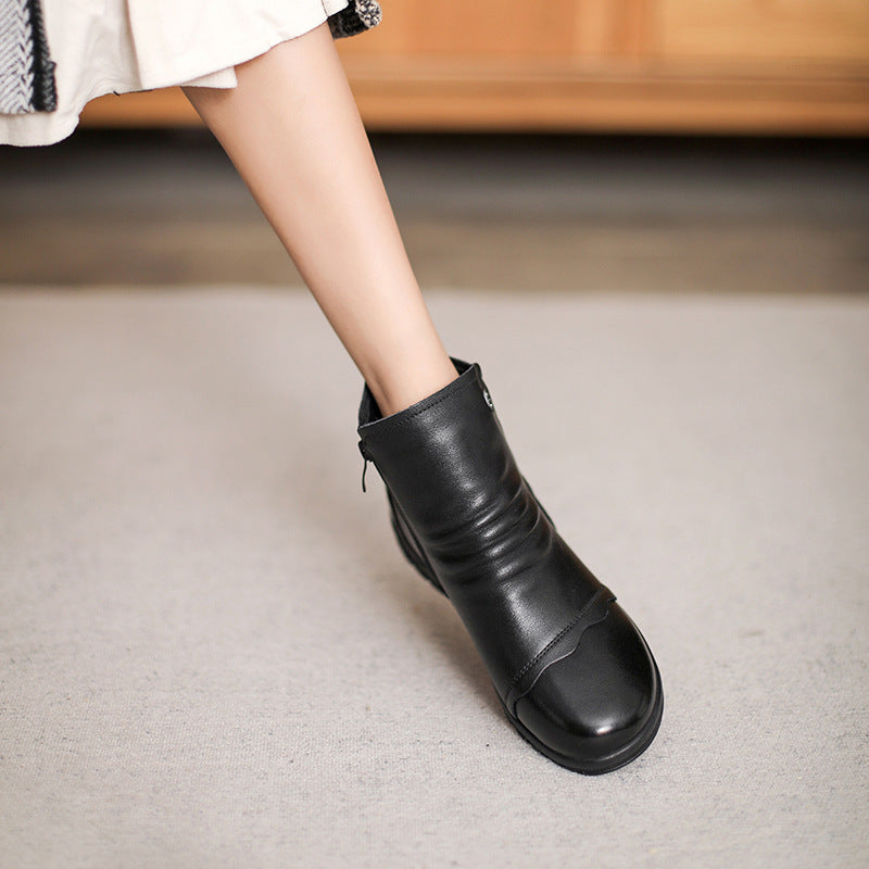 Women Retro Minimalist Leather Furred Flat Ankle Boots-RAIIFY