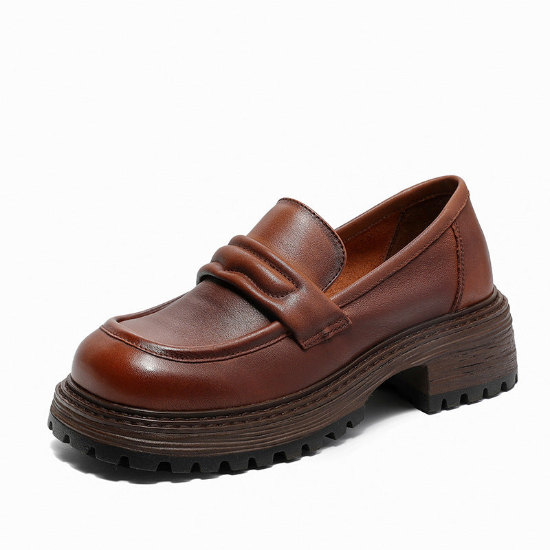 Women Casual Retro Leather Low Block Loafers-RAIIFY