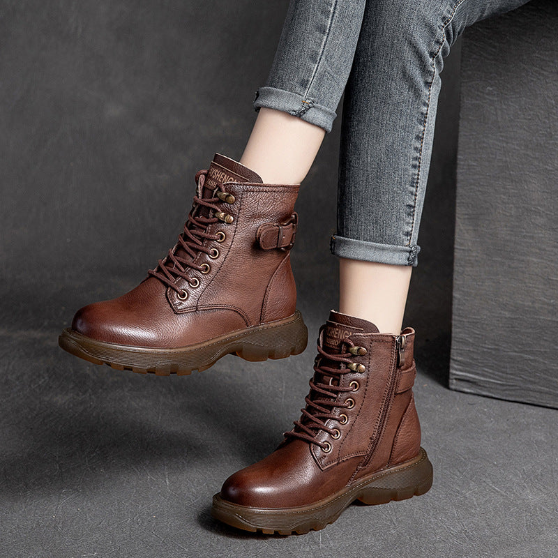 Women Retro Leather Flat Thick Soled Casual Boots-RAIIFY