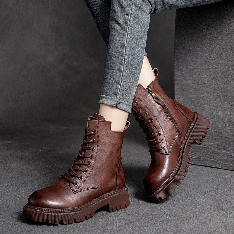 Women Retro Casual Leather Thick Soled Boots-RAIIFY