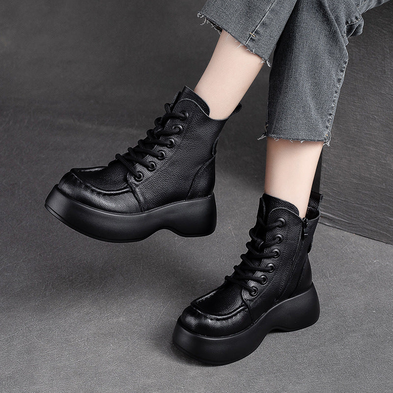 Women Retro Solid Leather Platform Boots-RAIIFY