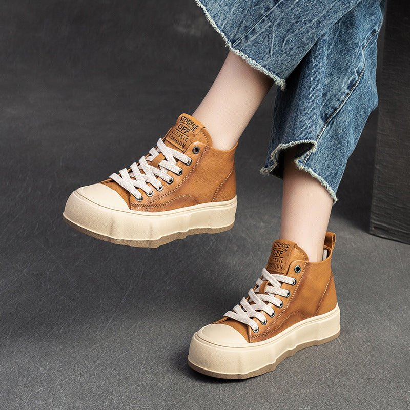 Women Fashion Cowhide Lace-up Casual Flat Ankle Boots-RAIIFY