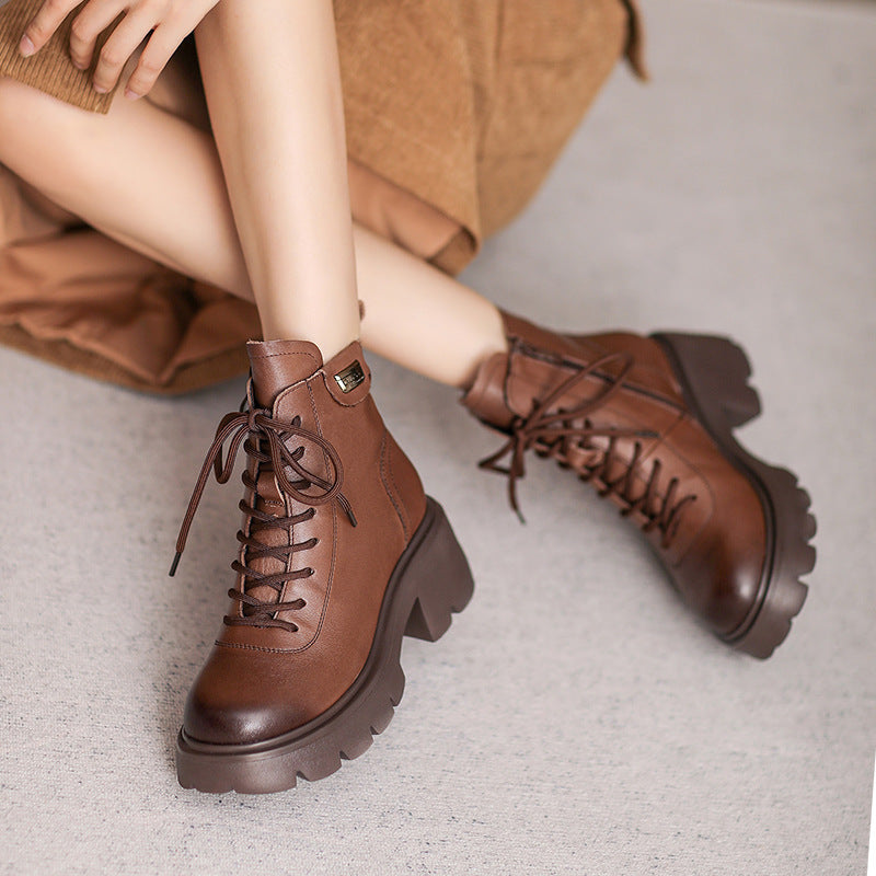 Women Retro Leather Minimalist Chunky Sole Boots-RAIIFY