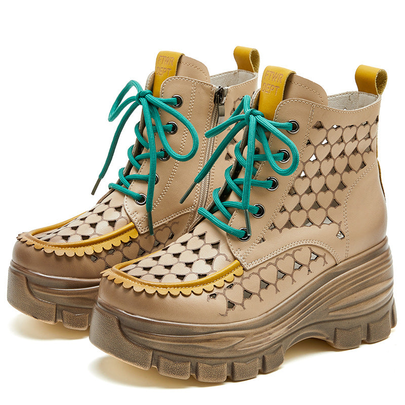 Women Summer Hollow Leather Platform Boots-RAIIFY