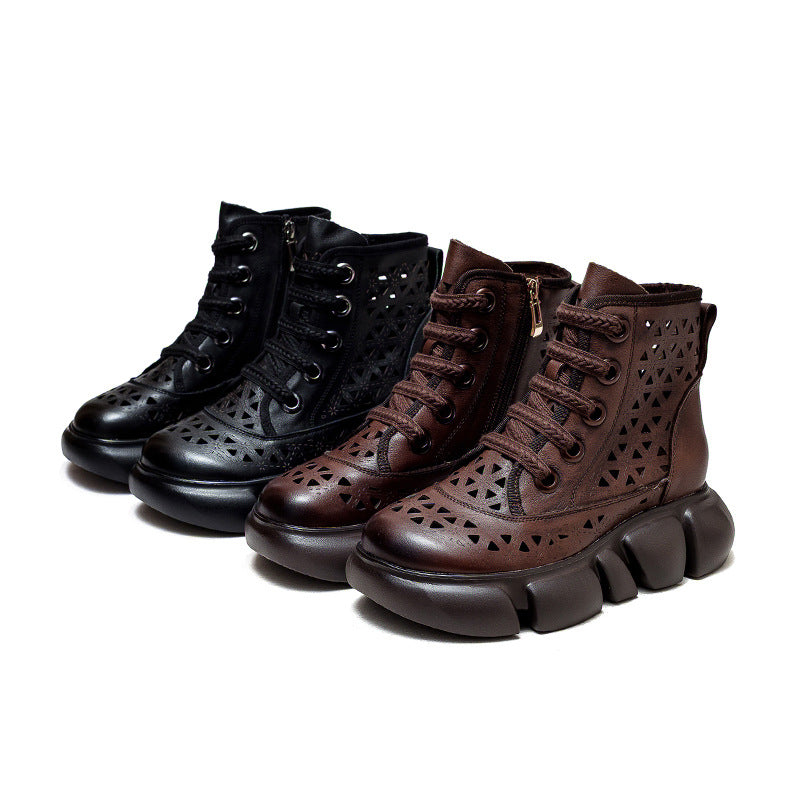Women Hollow Leather Retro Casual Boots-RAIIFY