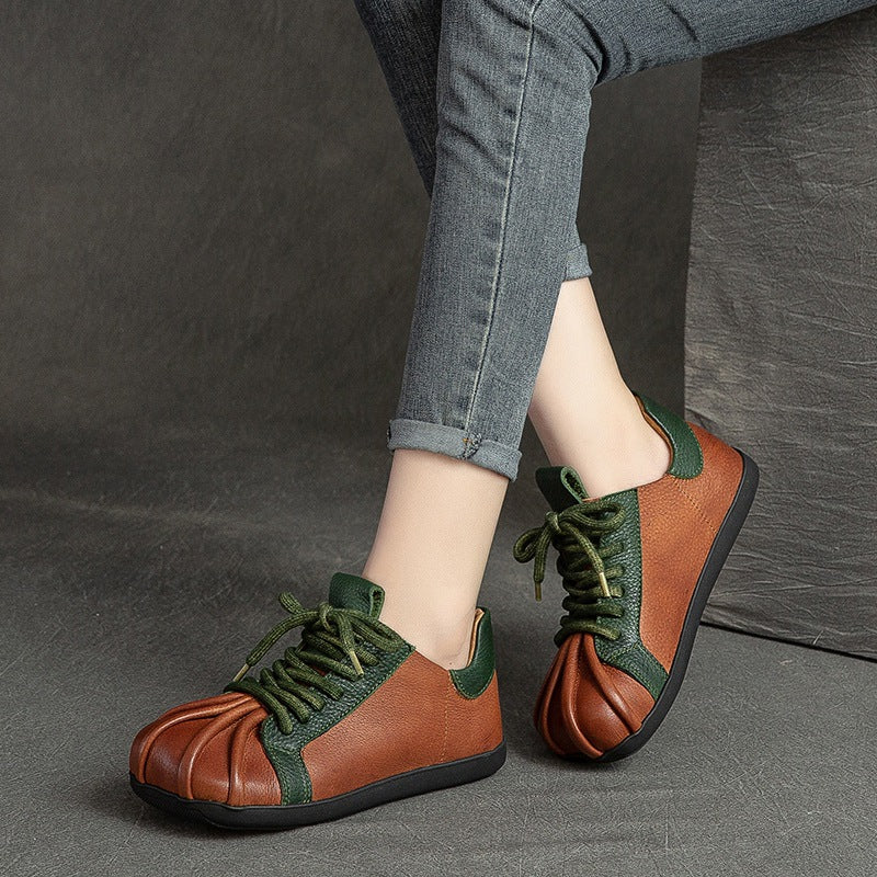 Women Retro Patchwork Leather Flat Casual Shoes-RAIIFY