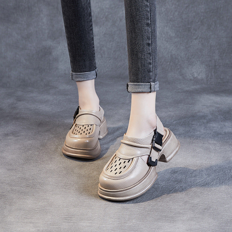 Women Handmade Retro Leather Chunky Heel Sandals-RAIIFY