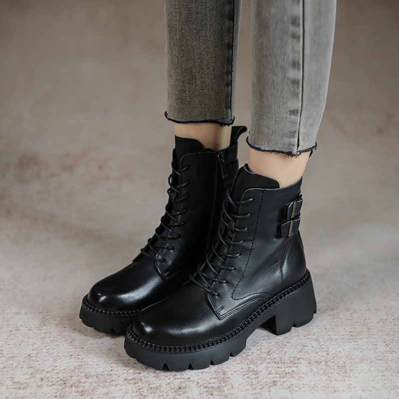 Women Retro Leather Buckles Wedge Boots-RAIIFY