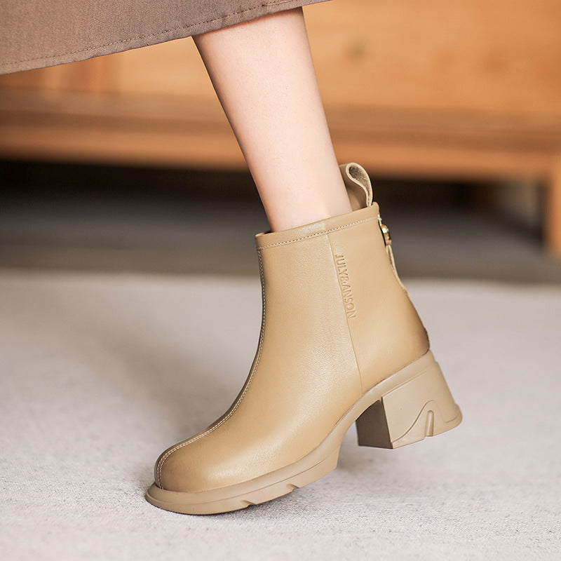 Women Minimalist Solid Leather Chunky Heel Ankle Boots-RAIIFY