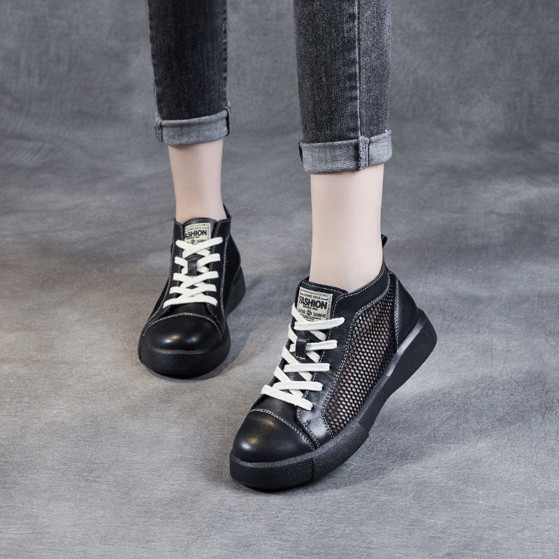 Women Summer Hollow Mesh Leather Flat Ankle Boots-RAIIFY