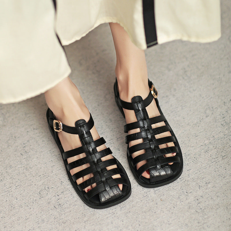 Women Retro Plaited Leather Flat Casual Summer Sandals-RAIIFY