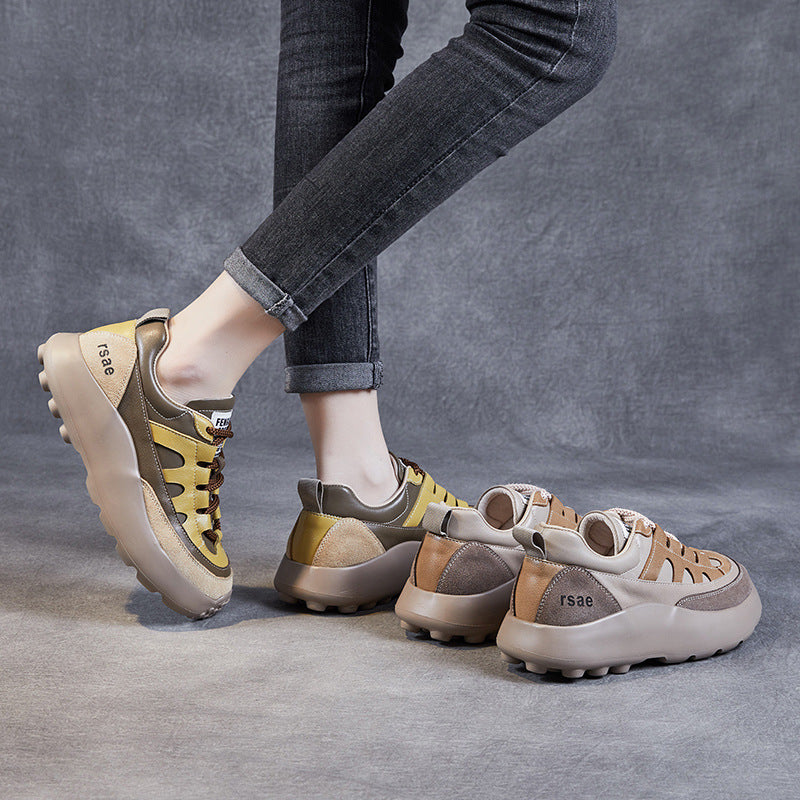 Women Retro Casual Leather Patchwork Sneakers-RAIIFY
