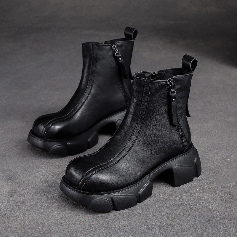 Women Retro Minimalist Casual Leather Chunky Heel Boots-RAIIFY