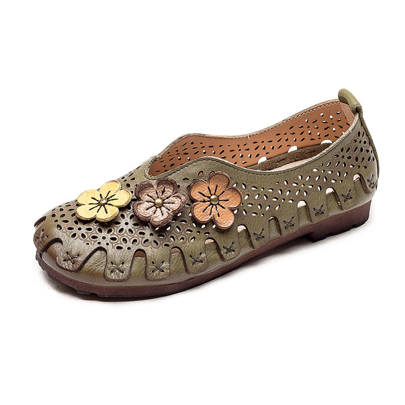 Women Summer Retro Hollow Soft Leather Flats-RAIIFY