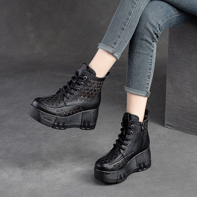 Women Retro Hollow Leather Chunky Platform Boots-RAIIFY