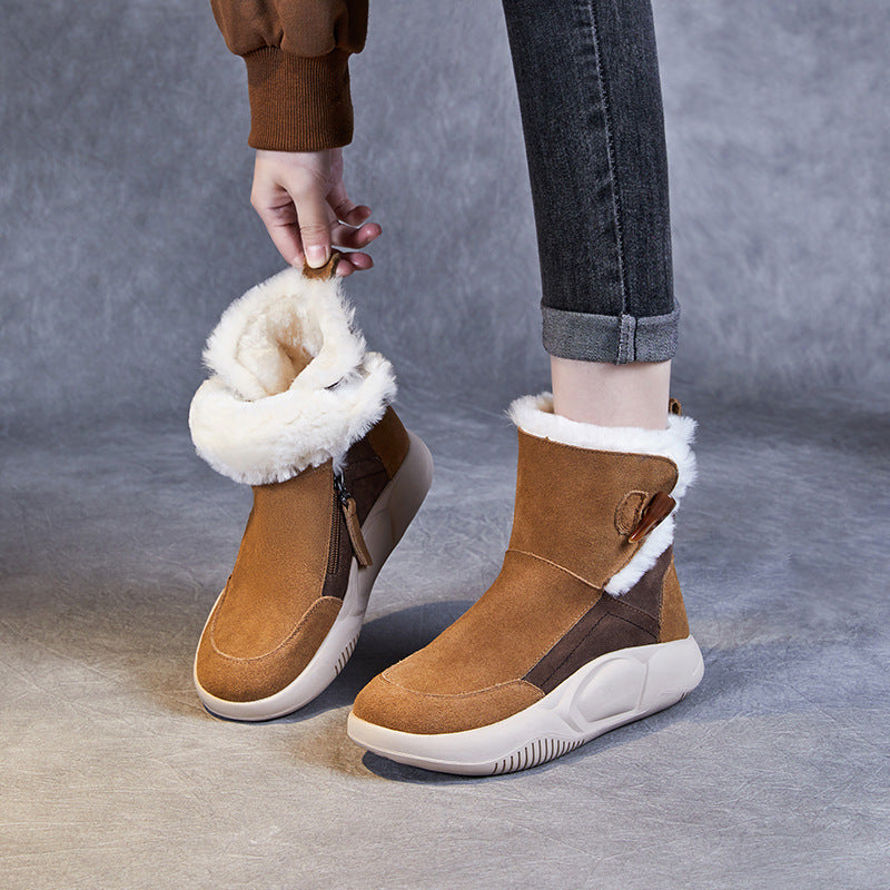 Women Retro Leather Casual Furred Snow Boots-RAIIFY