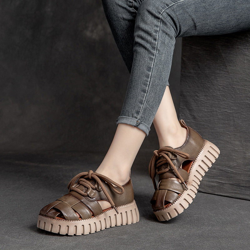 Women Summer Plaited Soft Leather Platform Casual Sandals-RAIIFY