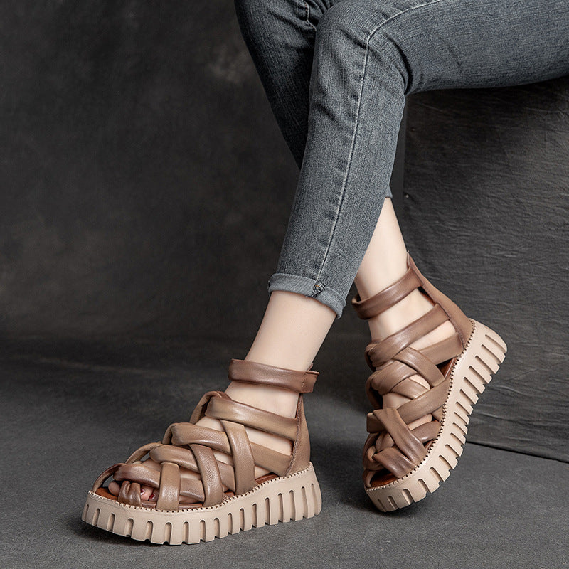 Women Summer Casual Plaited Leather Thick Soled Sandals-RAIIFY