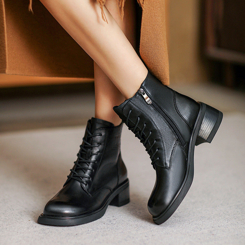 Women Retro Leather Chunky Soled Casual Boots-RAIIFY