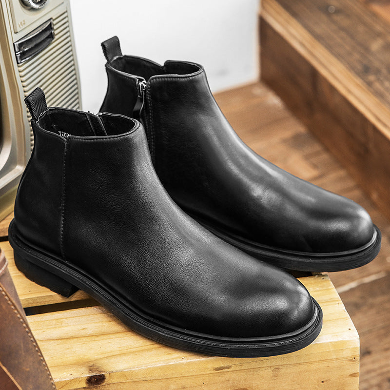 Men Retro Solid Leather Zipper Ankle Boots-RAIIFY