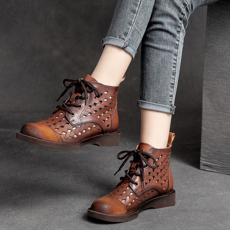 Women Summer Hollow Leather Retro Flat Boots-RAIIFY