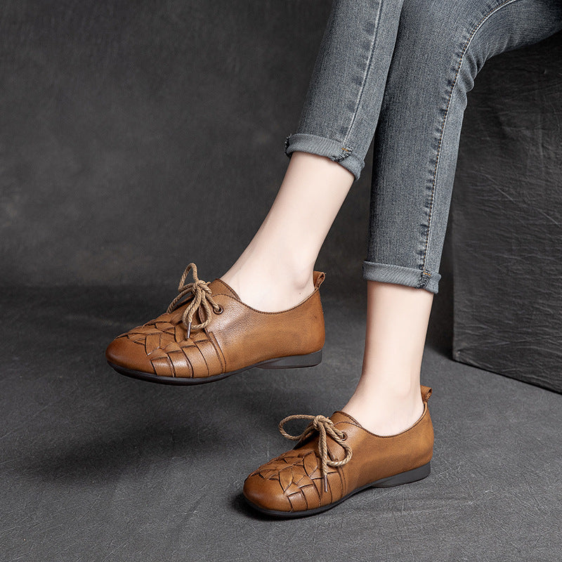 Women Retro Handmade Plaited Leather Flat Shoes-RAIIFY