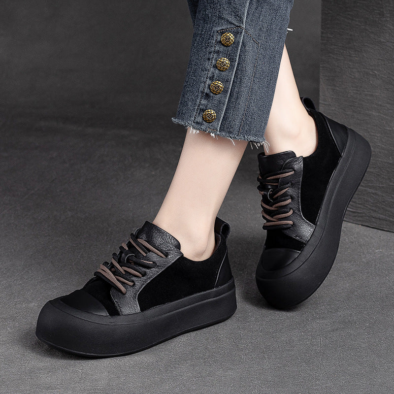 Women Retro Patchwork Leather Flat Casual Shoes-RAIIFY