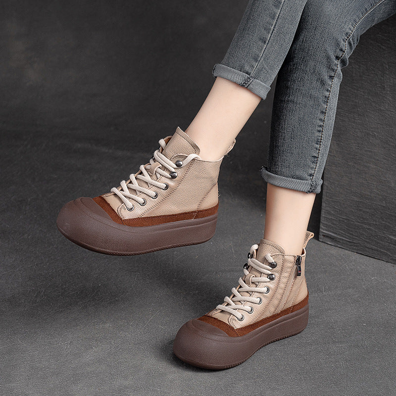 Women Retro Patchwork Leather Flat Casual Ankle Boots-RAIIFY