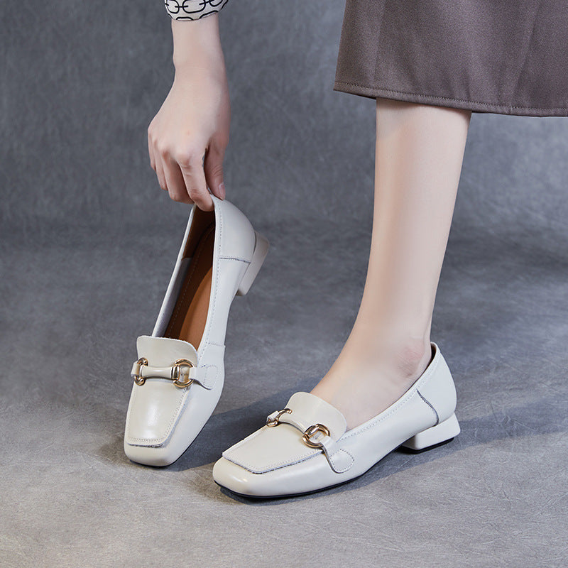 Women Minimalist Buckle Leather Low Block Loafers-RAIIFY