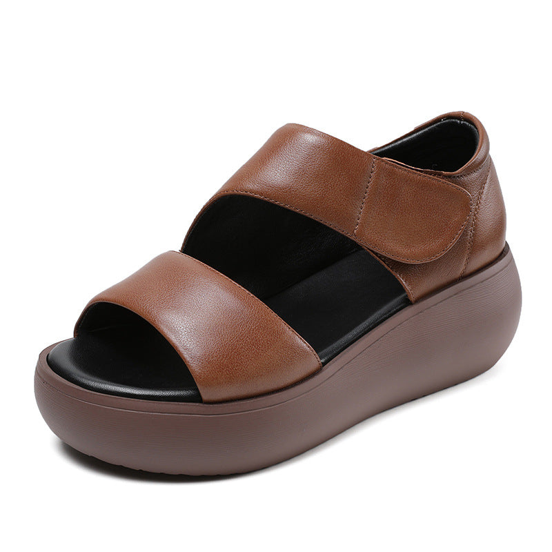 Women Minimalist Solid Leather Velcro Casual Sandals-RAIIFY