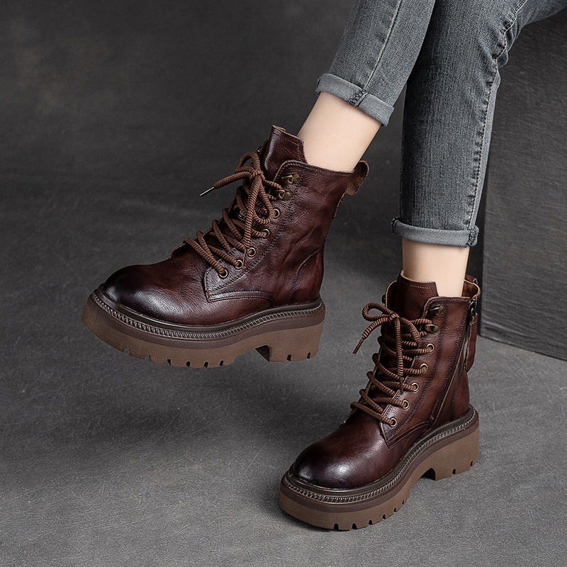 Women Classic Leather Thick Soled Combat Boots-RAIIFY