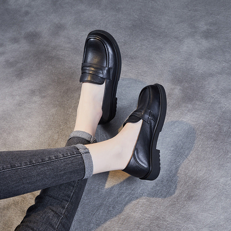 Women Minimalist Leather Soft Flat Casual Black Loafers-RAIIFY