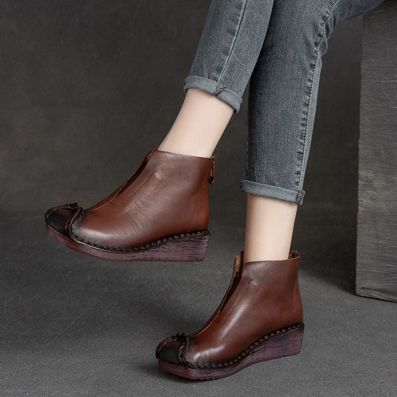 Women Retro Low Wedge Leather Ankle Boots-RAIIFY