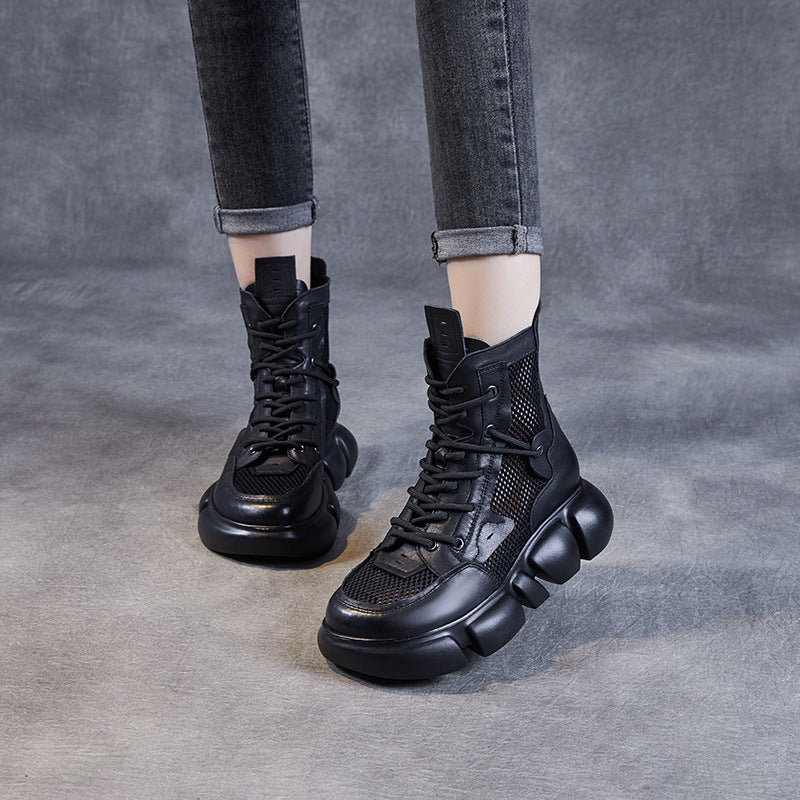 Women Breathable Mesh Leather Platform Summer Boots-RAIIFY