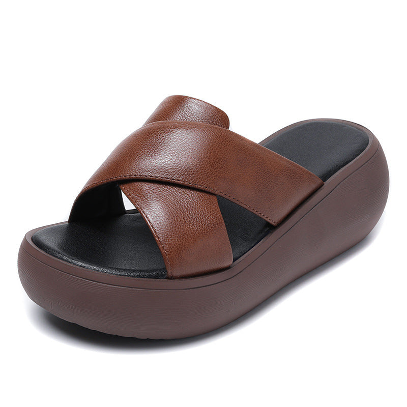 Women Leather Summer Casual Platform Slide Sandals-RAIIFY
