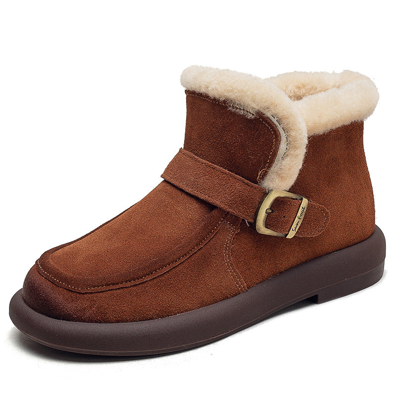 Women Retro Minimalist Leather Furred Winter Snow Boots-RAIIFY