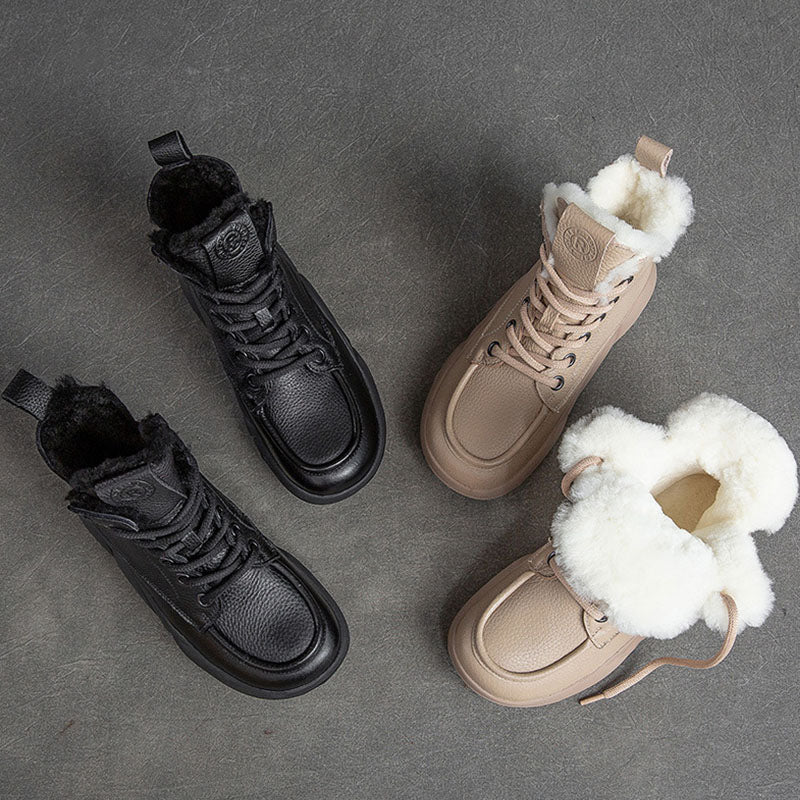 Women Casual Leather Woolen Snow Boots-RAIIFY