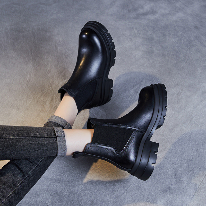 Women Minimalist Solid Leather Casual Boots-RAIIFY