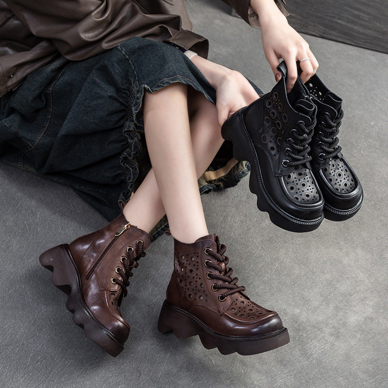 Women Minimalist Hollow Leather Lug Sole Casual Boots-RAIIFY