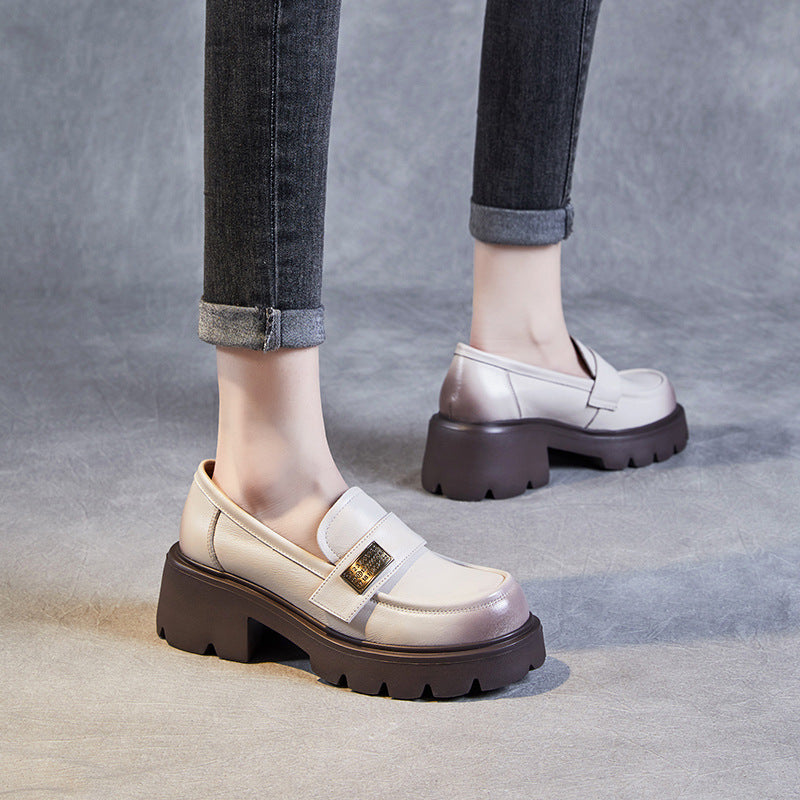 Women Retro Leather Chunky Platform Casual Loafers-RAIIFY