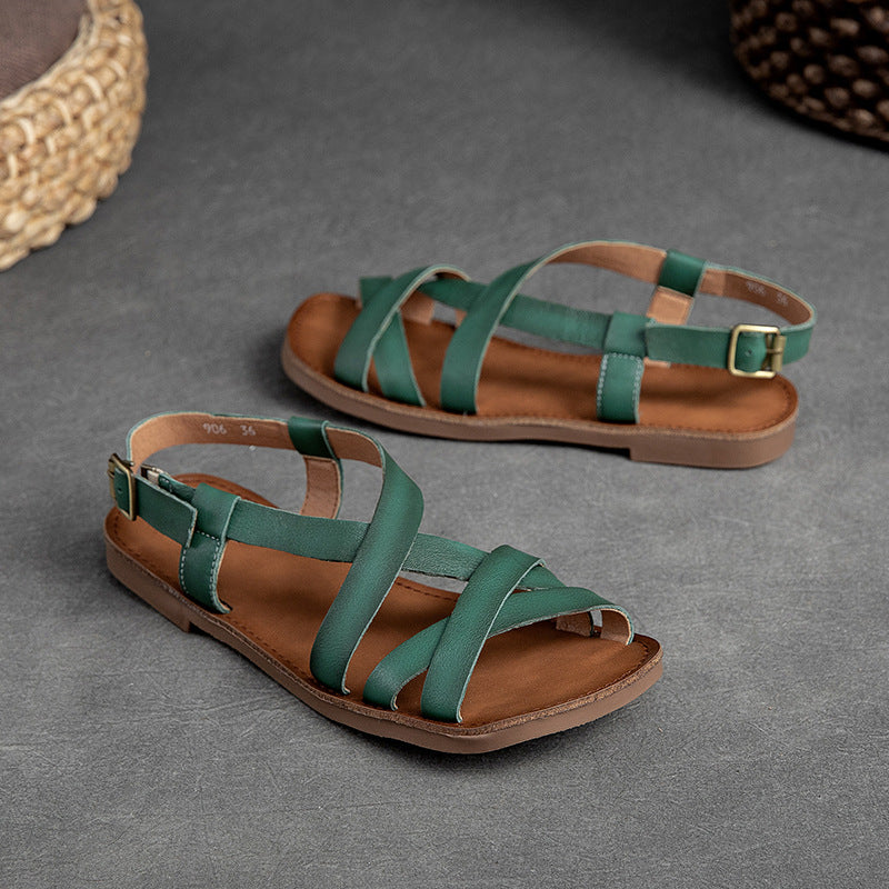 Women Summer Retro Leather Flat Casual Sandals-RAIIFY