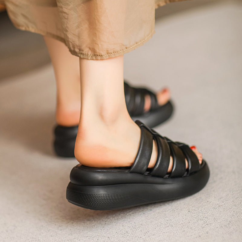 Women Summer Soft Leather Wedge Slides-RAIIFY