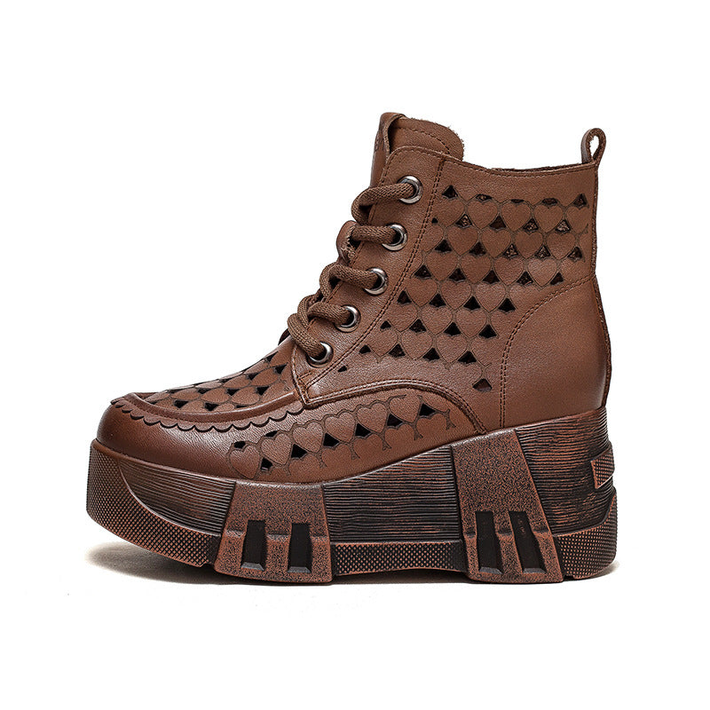 Women Retro Hollow Leather Chunky Platform Boots-RAIIFY